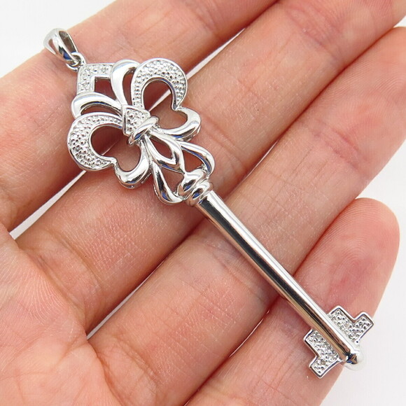 Other - 925 Sterling Silver TCW  0.05 Real Diamond Fleur-de-Lis Key Design Pendant